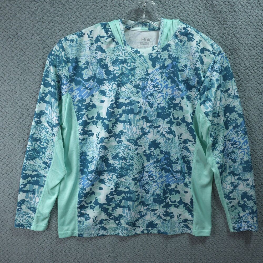 Huk Icon X Tide Change Hoodie Mens Teal Camo Vented L Fishing Gorpcore Outdoor